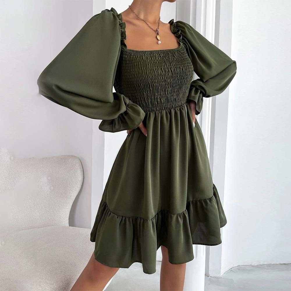 2024 Temperament Square Neck Pleated Ruffle Dress