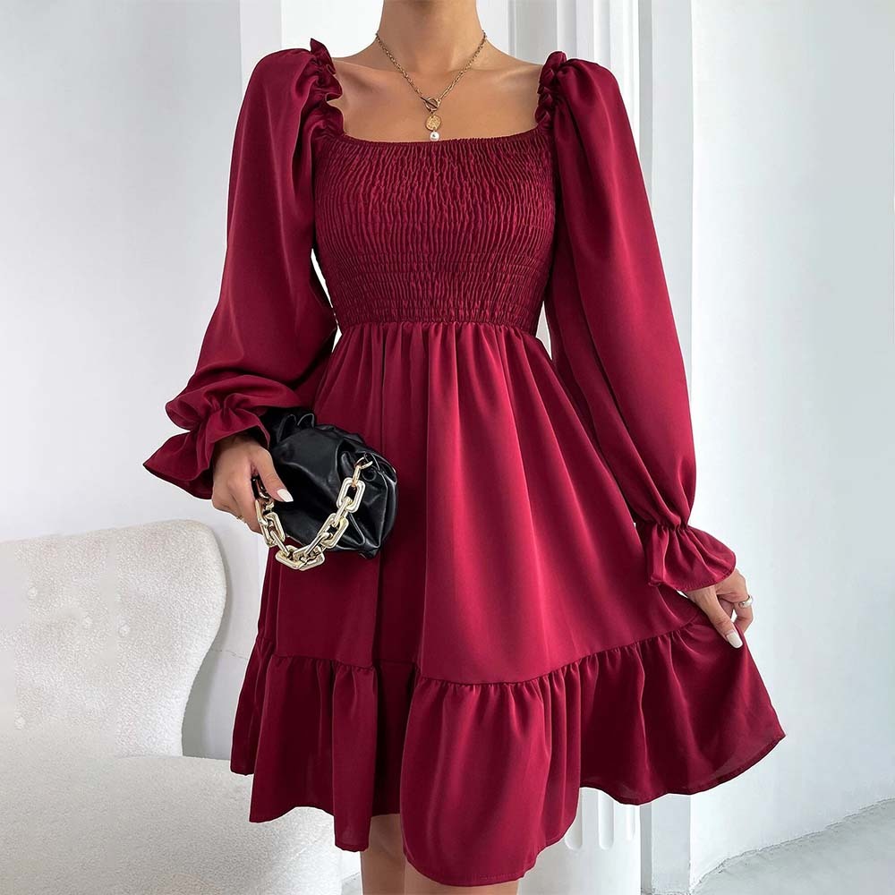 2024 Temperament Square Neck Pleated Ruffle Dress