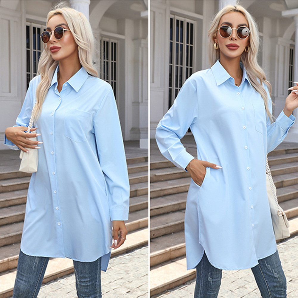Fashionable long solid color casual long-sleeved shirt for women
