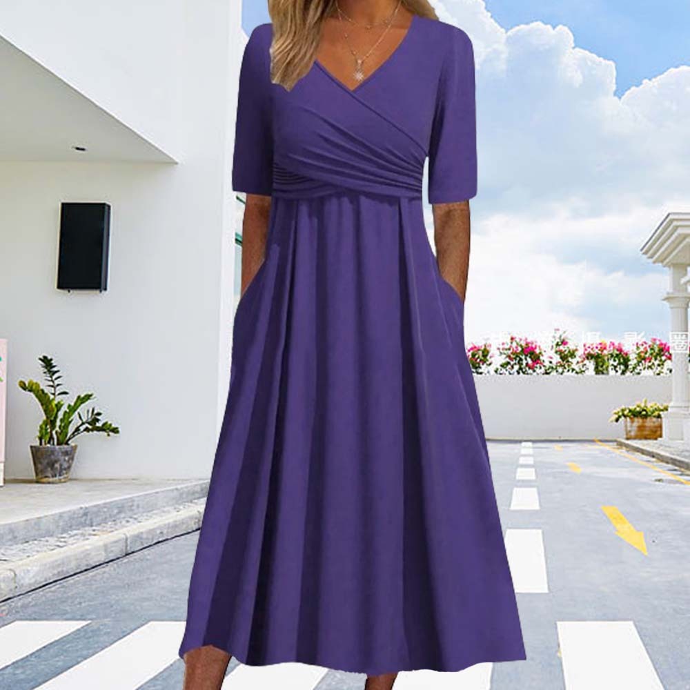 Hojanaranja Falda acampanada de manga corta con cuello en V, novedad de verano 2024