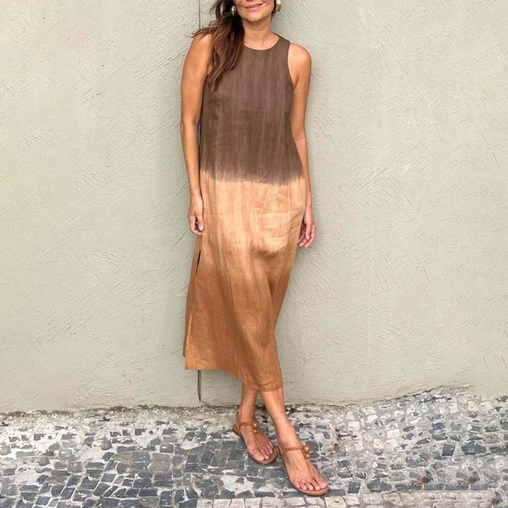 Hojanaranja Vestido degradado de algodón y lino sin mangas con aberturas