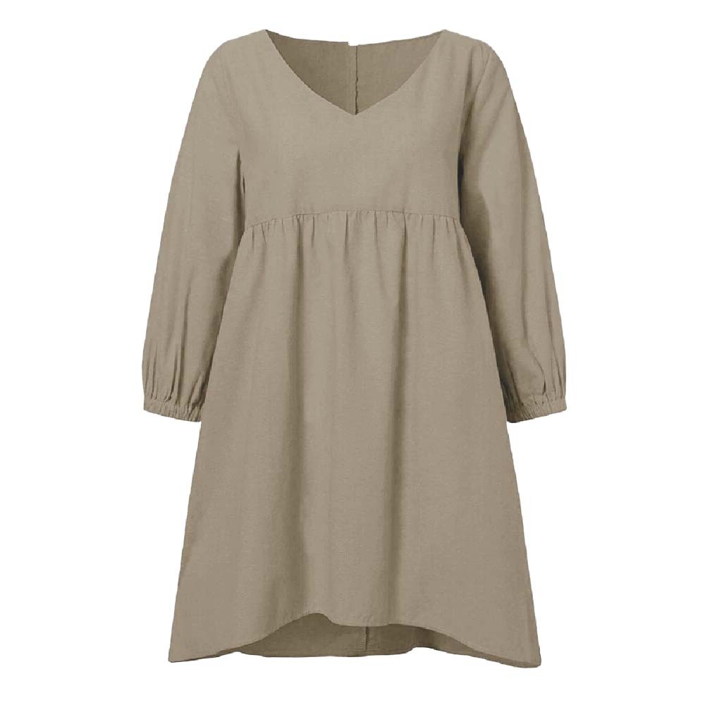 Women's solid color casual V-neck lantern sleeve cotton and linen shirt