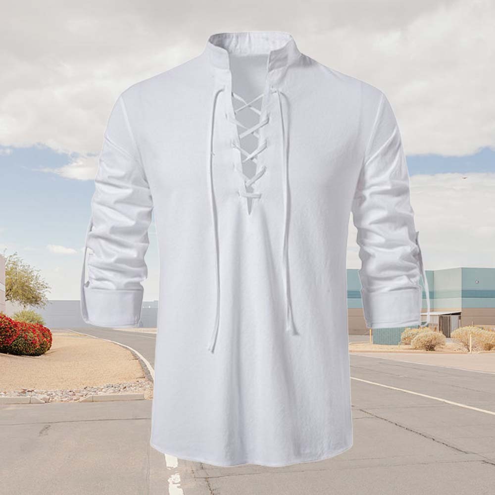 Spring Men's Cotton and Linen Stand Collar Long Sleeve Tie-Up Shirt
