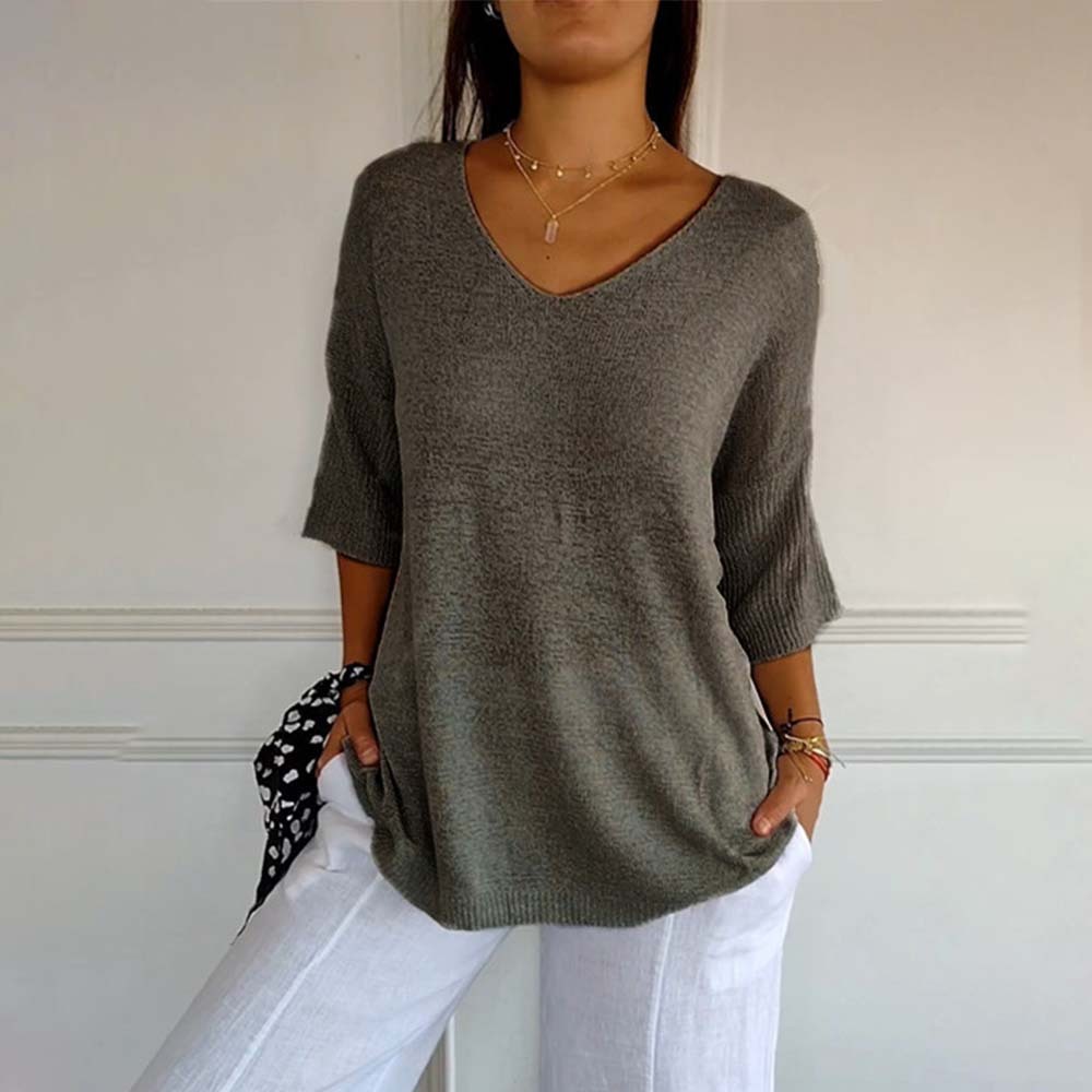 Top de punto de color liso con cuello en V para mujer