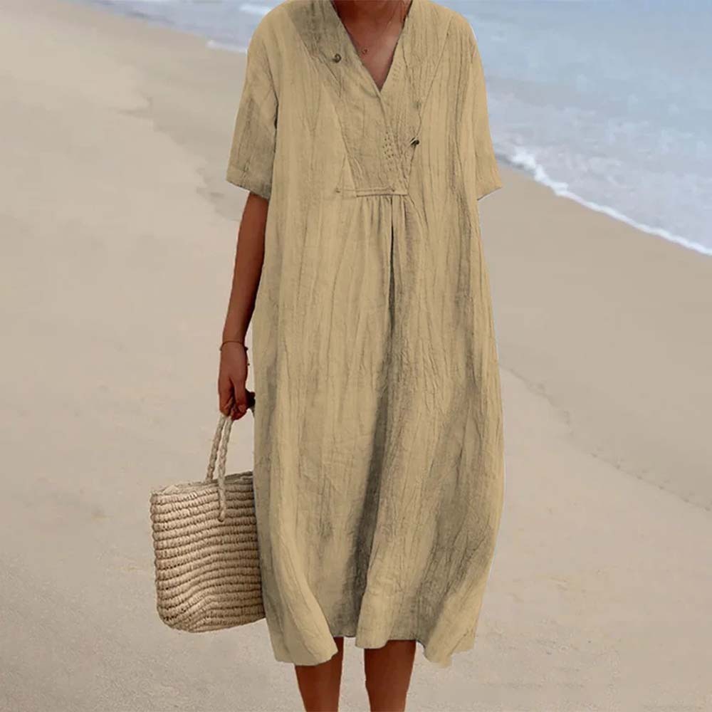 Soft and comfortable V-neck cotton and linen dress