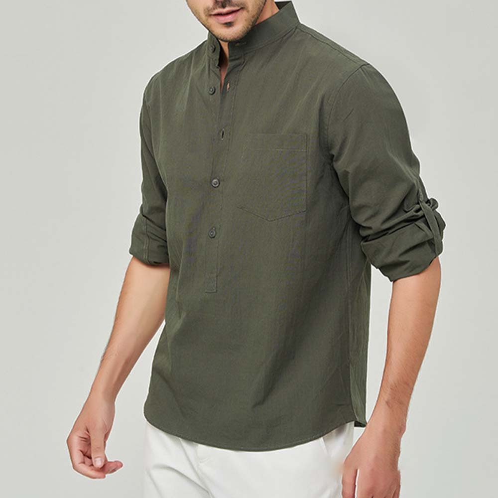 Hojanaranja Camisa henley cómoda de algodón de color liso para hombre