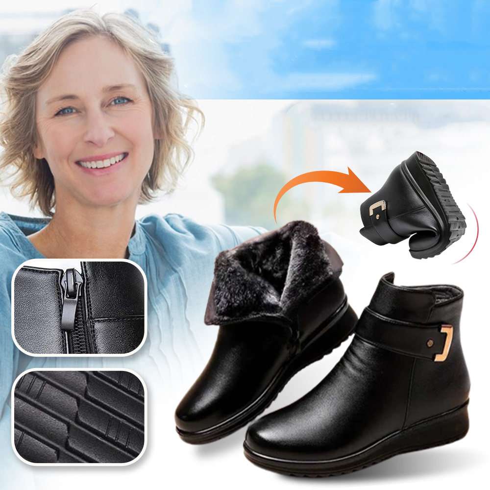 Sparkrhythm Non-slip leather casual shoes with velvet side zipper leather cotton shoes suitable for elderly women