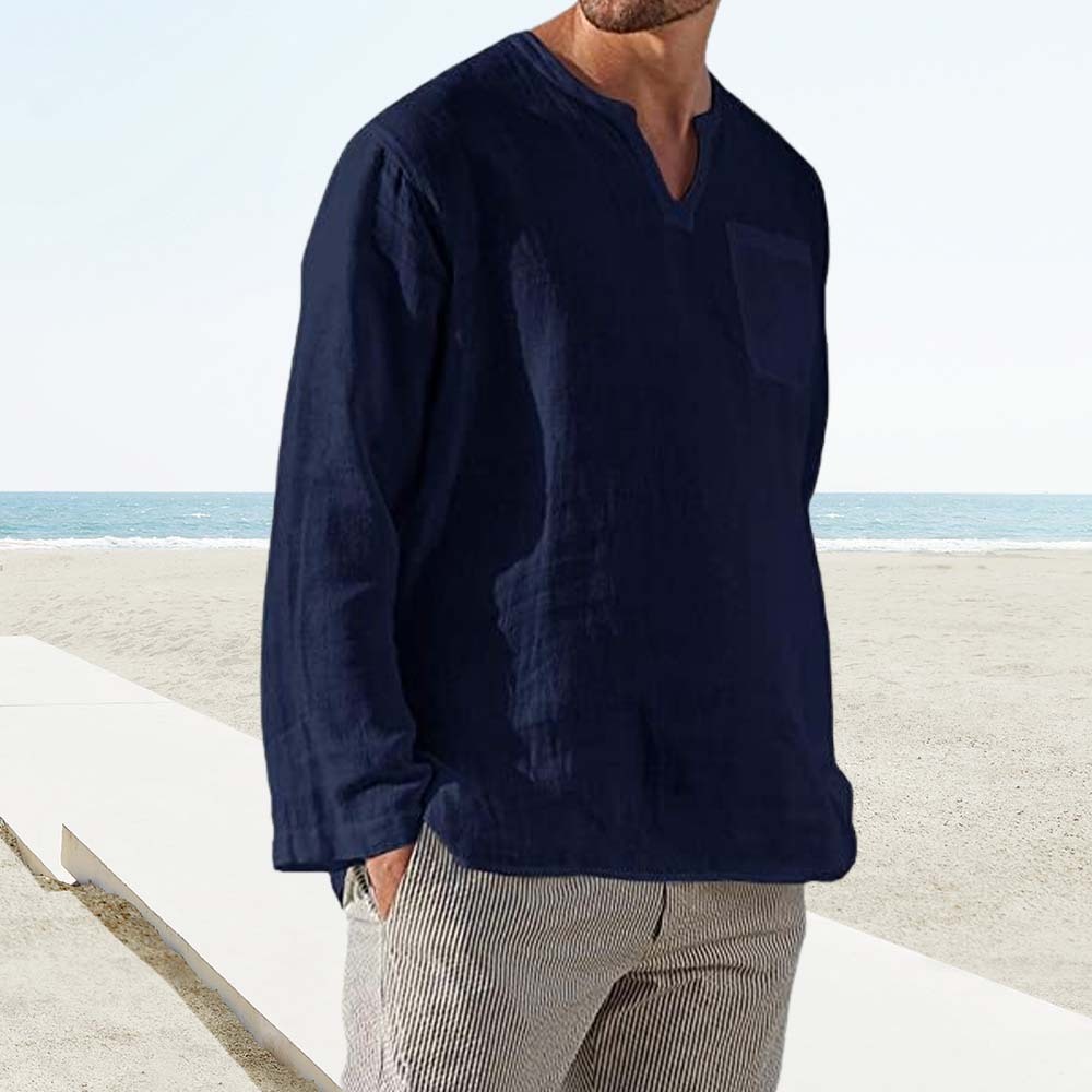 Men's Long Sleeve V Neck Casual Linen Shirt