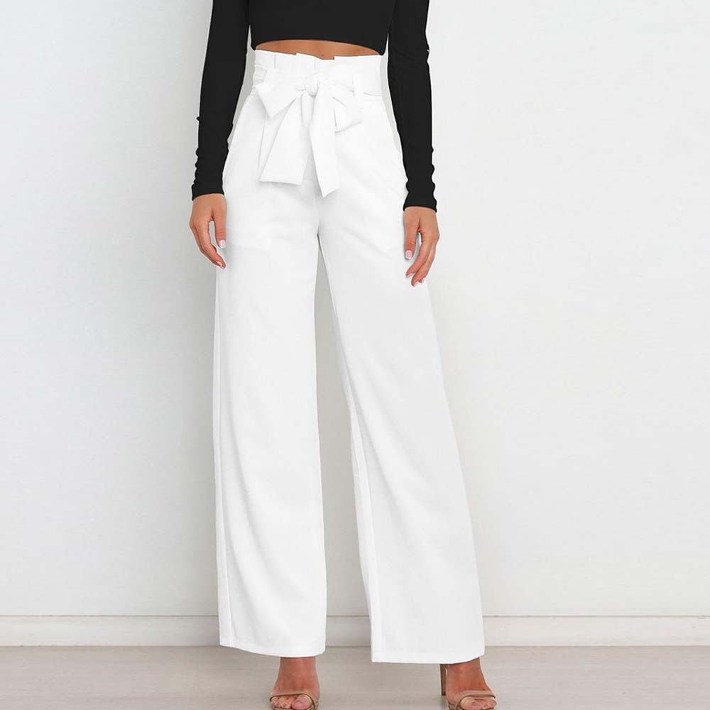Pantalones anchos de talle alto con lazo a la moda para mujer
