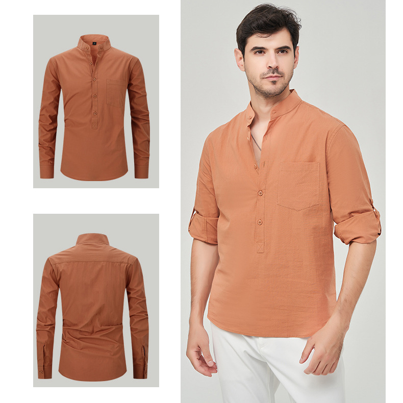 Hojanaranja Camisa henley cómoda de algodón de color liso para hombre