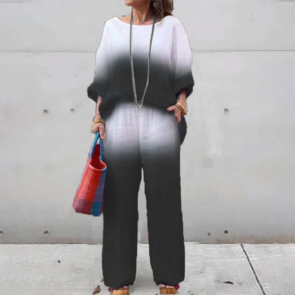 Conjunto de dos piezas degradado de algodón y lino para mujer a la mod