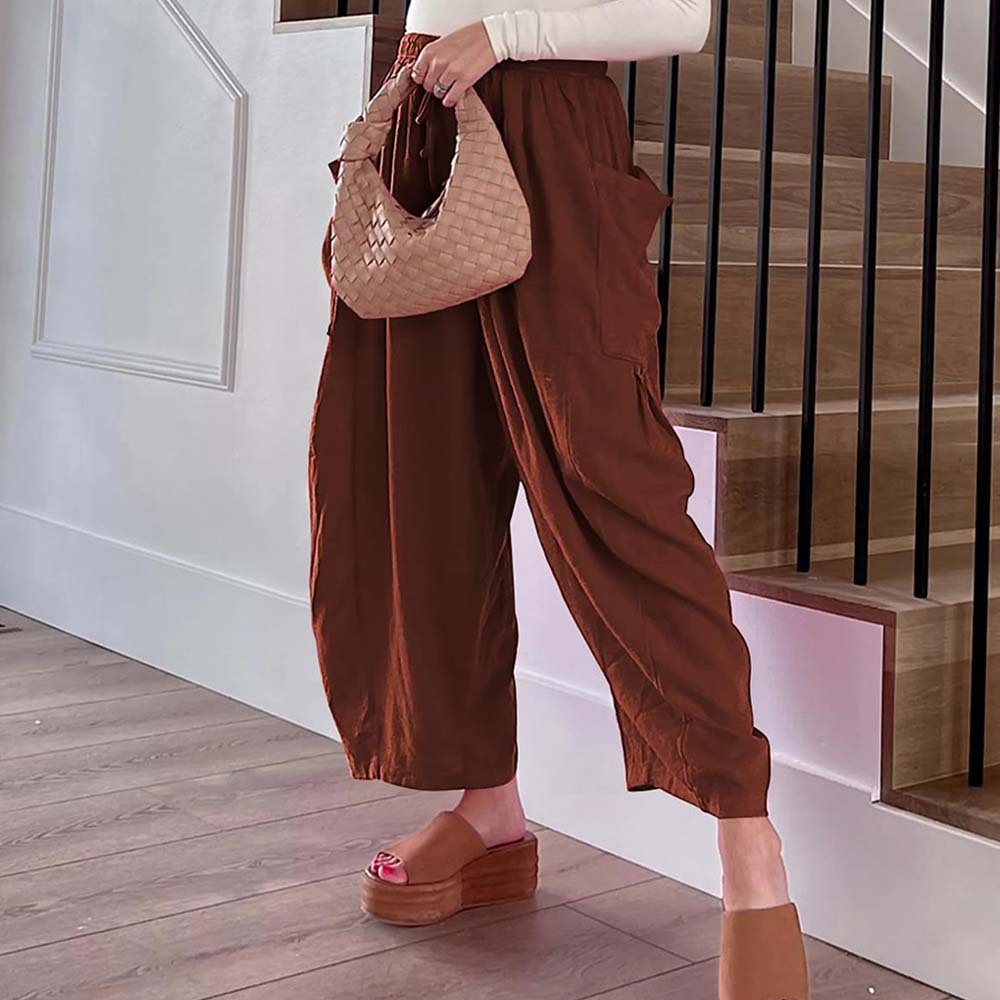 Pantalones casuales de algodón y lino con pierna ancha y cintura alta