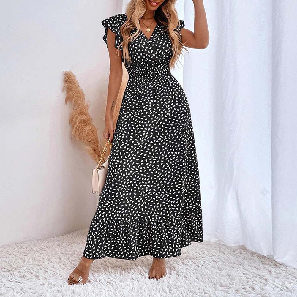 Women's Elegant V-Neck Ruffled Waist Dress