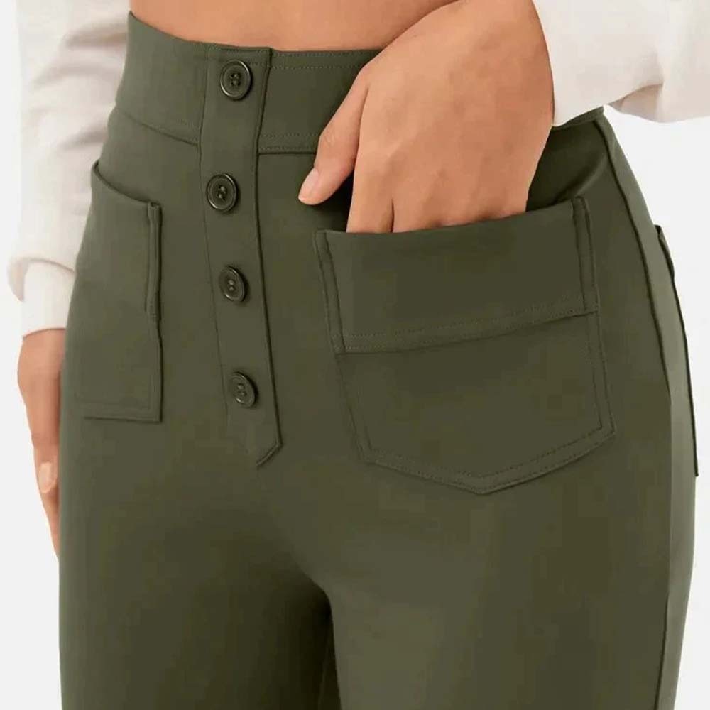 Pantalones casuales elásticos con botones de cintura alta para mujer