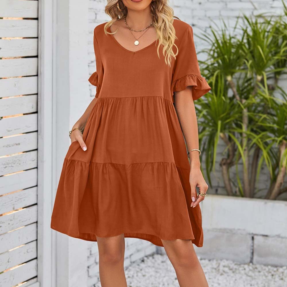 Summer casual V-neck ruffle loose dress beach dress
