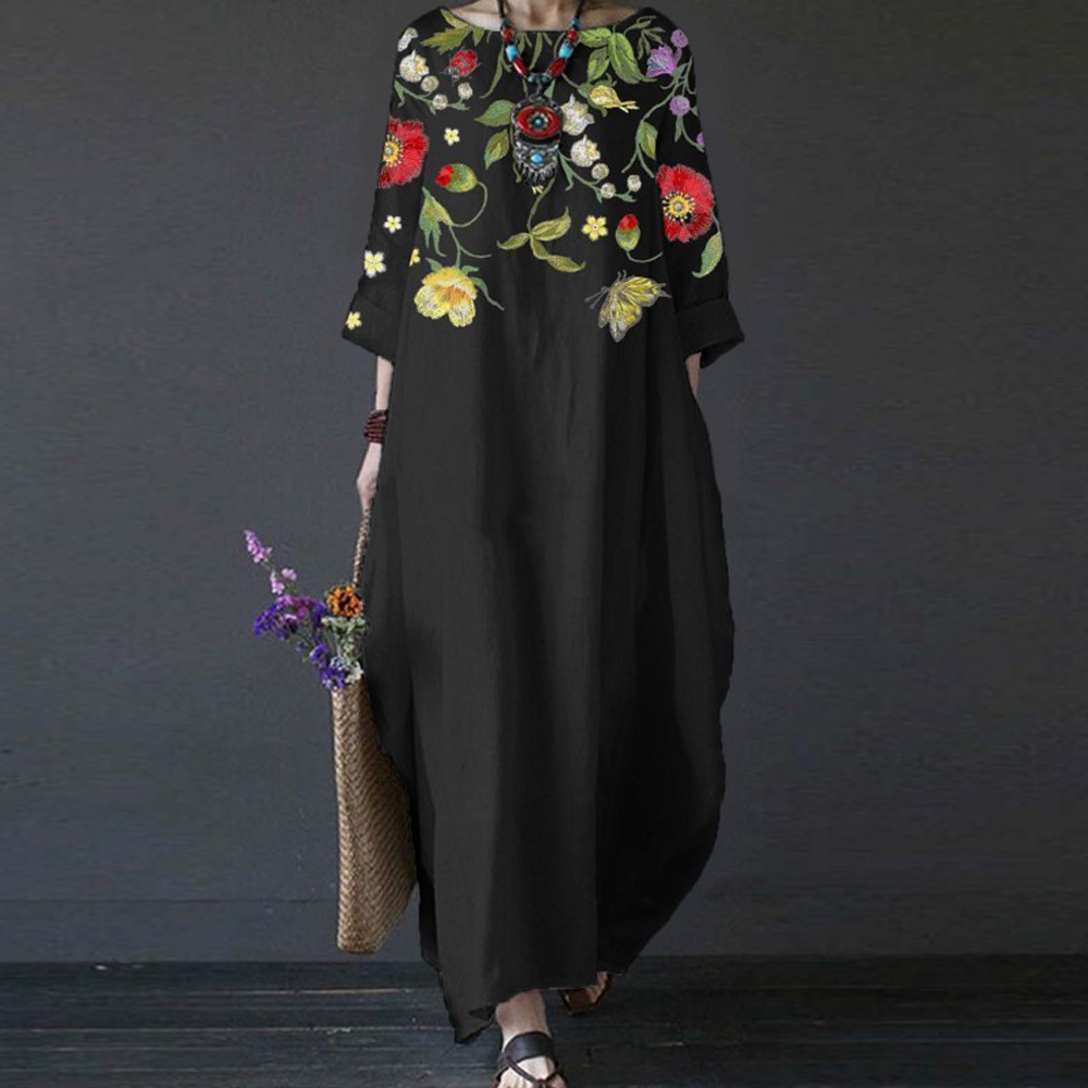 Olivoslindo Vestido retro con lindo estampado y temperamento literario con escote redondo