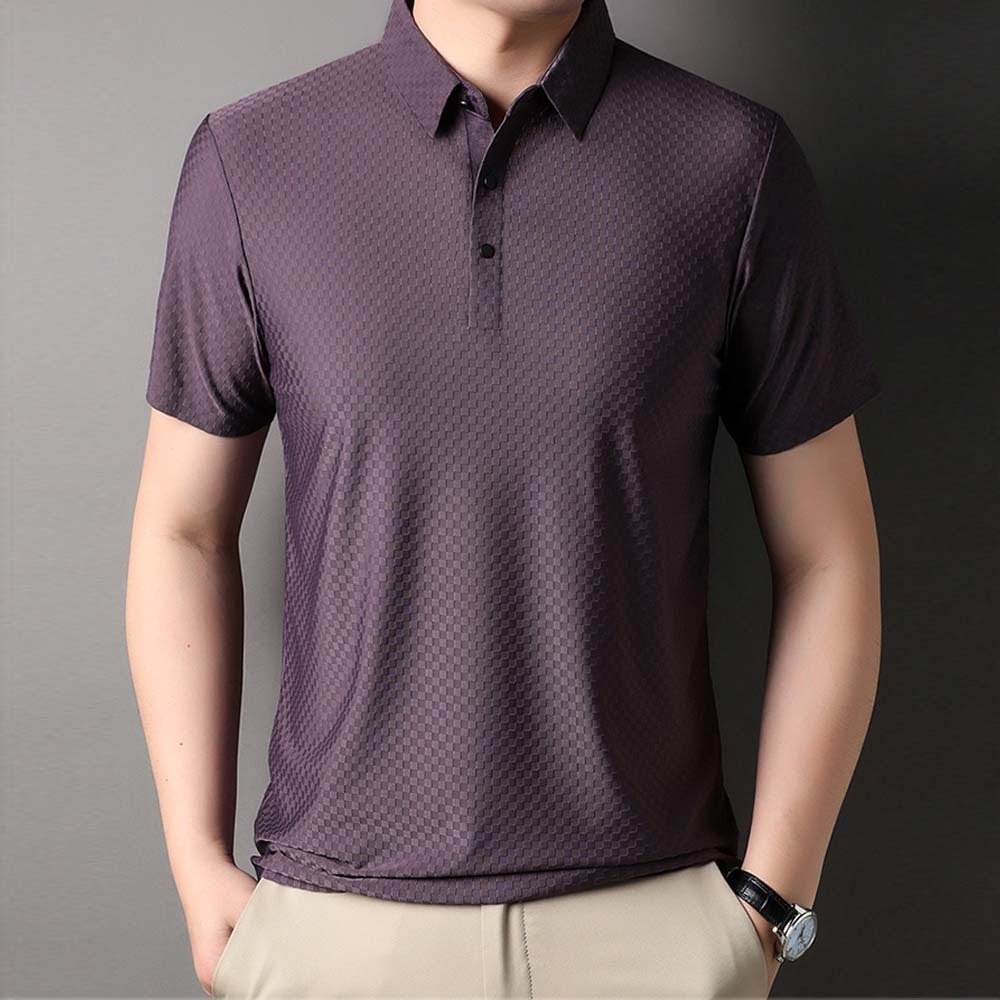 Hojanaranja Polo de manga corta a cuadros elásticos de color liso para hombre