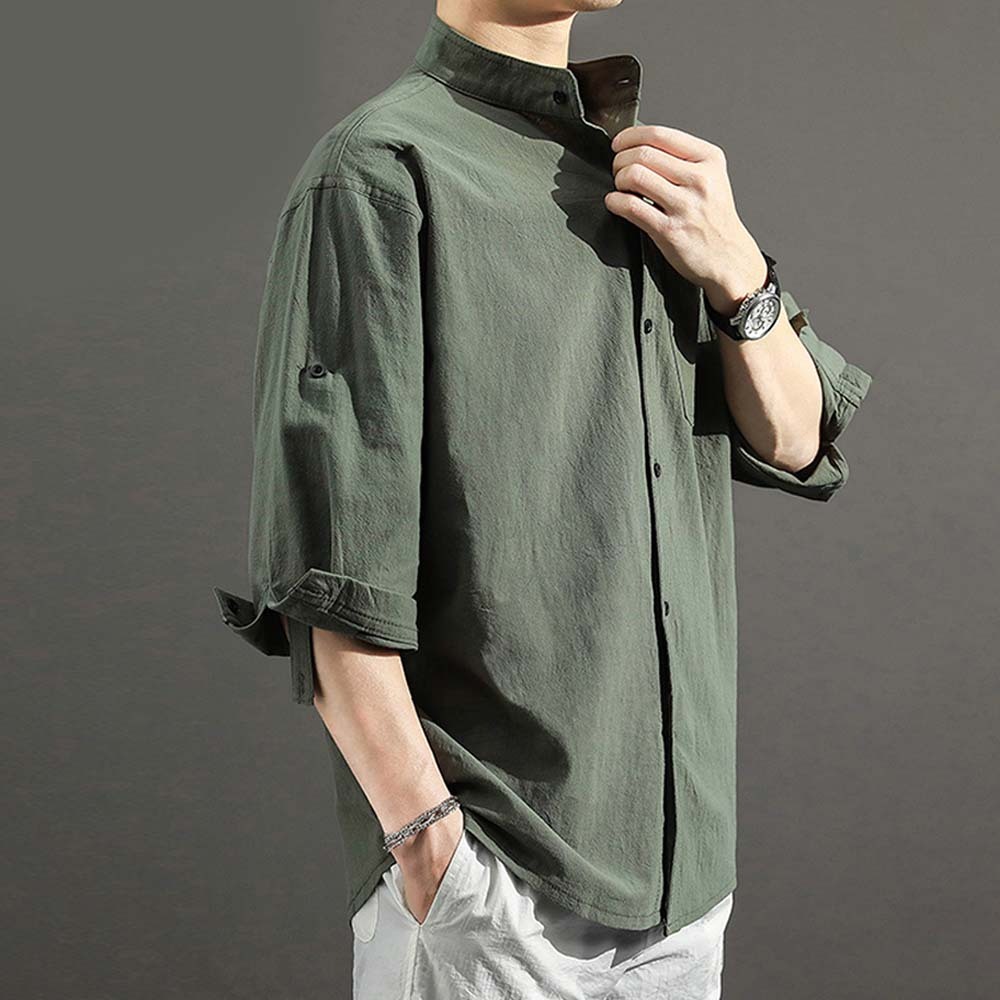 2024 Men's solid color casual cotton and linen shirt