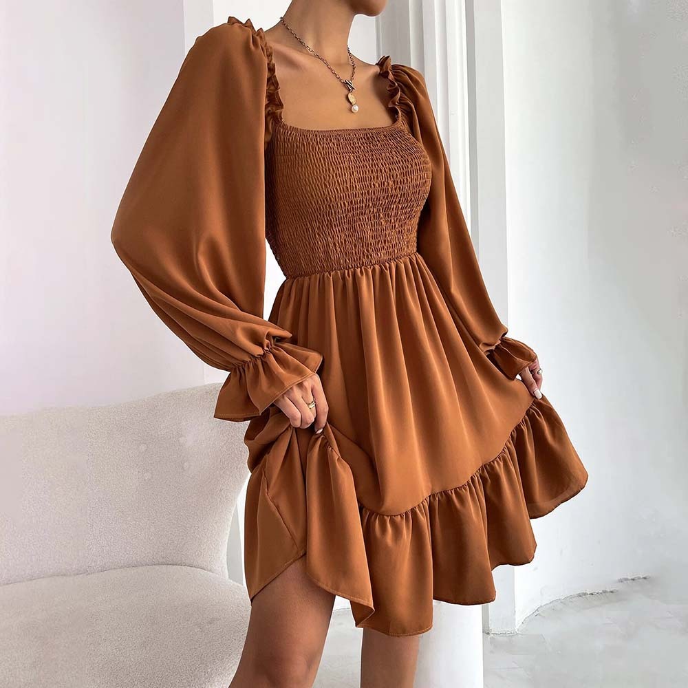 2024 Temperament Square Neck Pleated Ruffle Dress