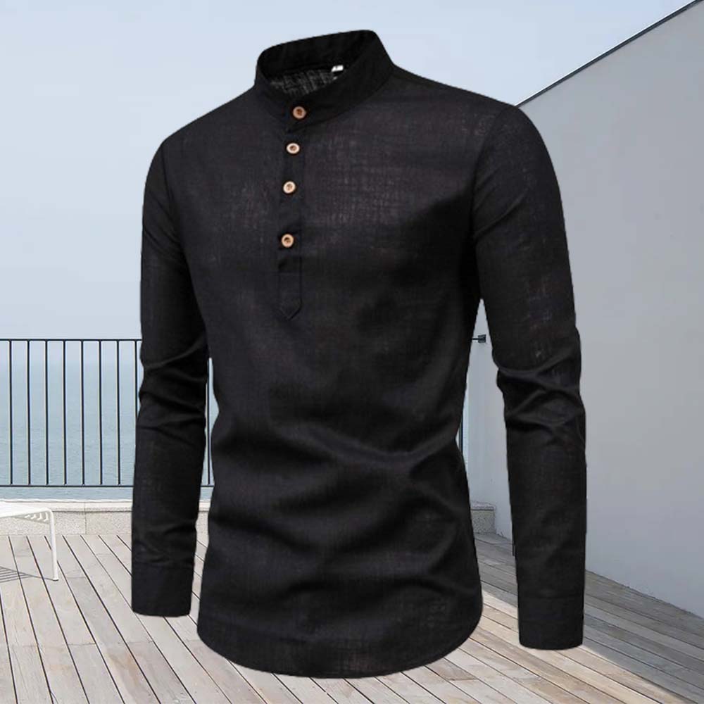 Fashion slim fit cotton and linen half-open collar men's long-sleeved shirt