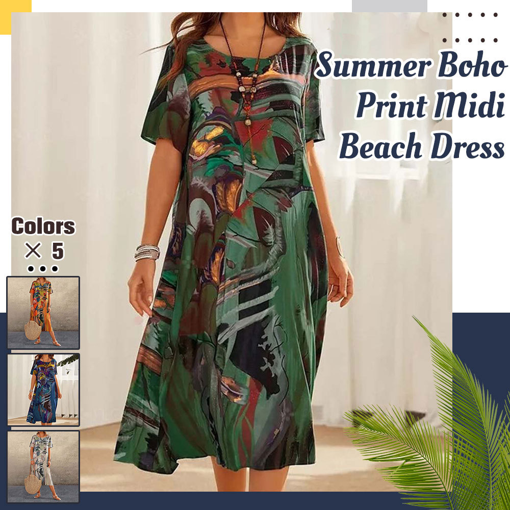 Vestido midi estampado con cuello redondo elegante para mujer