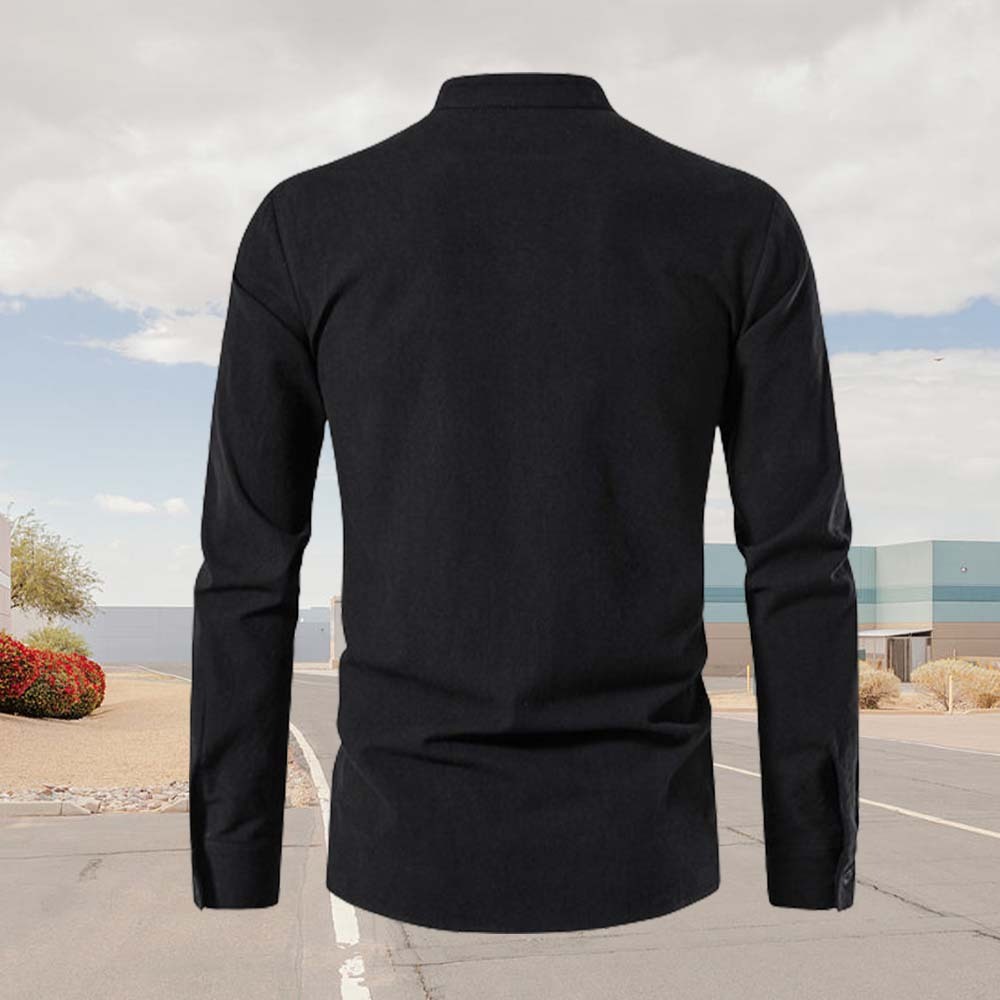 Spring Men's Cotton and Linen Stand Collar Long Sleeve Tie-Up Shirt