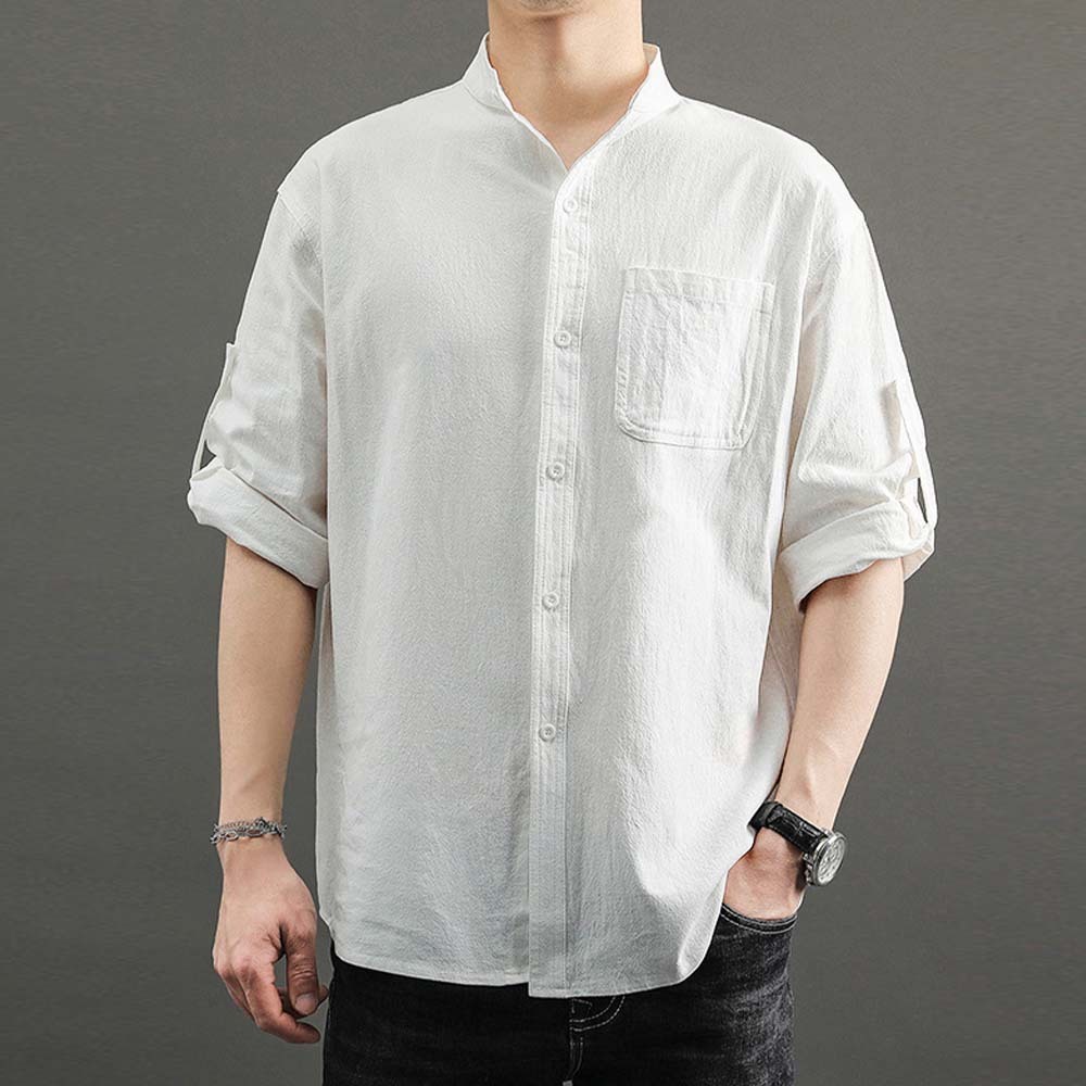 2024 Men's solid color casual cotton and linen shirt