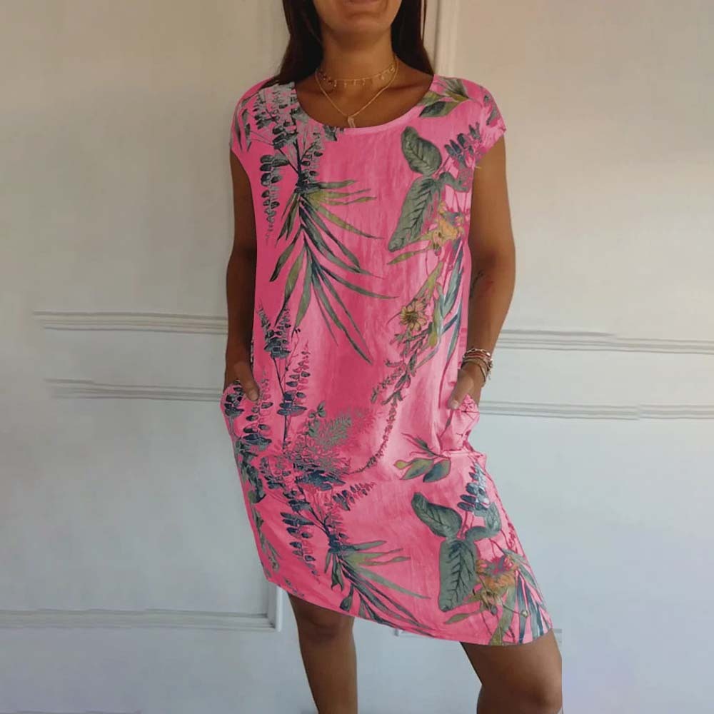 Vestido de mujer con bolsillo estampado, cuello redondo, algodón y lino