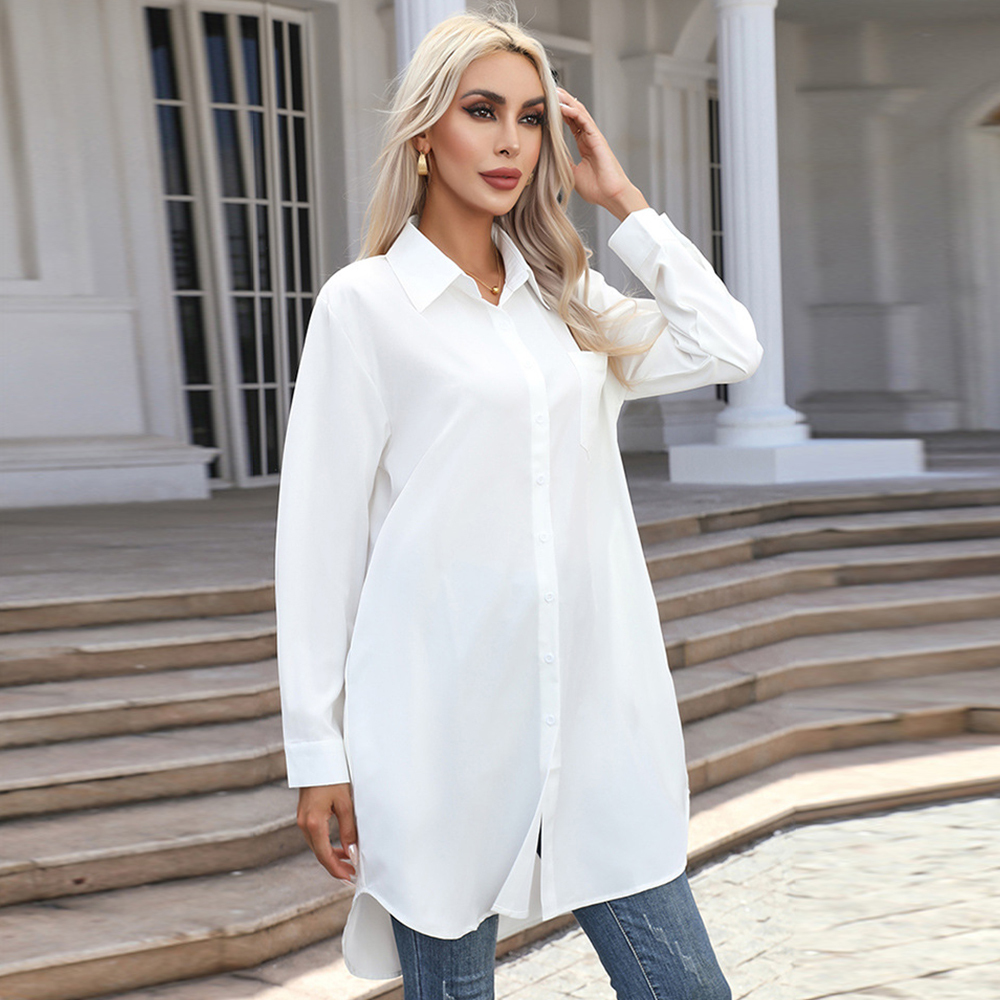 Fashionable long solid color casual long-sleeved shirt for women