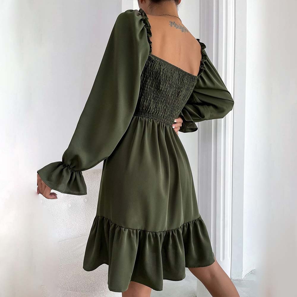 2024 Temperament Square Neck Pleated Ruffle Dress