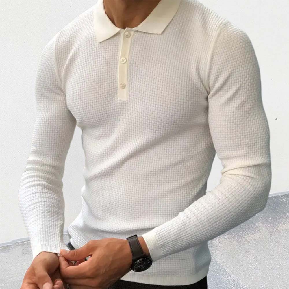 Olivoslindo Polo de hombre slim de manga larga con diseño de gofres