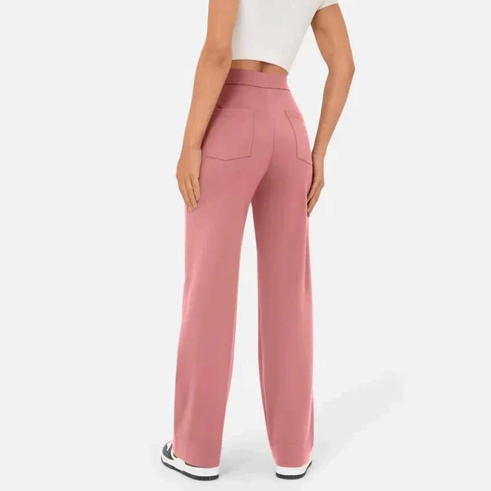 Pantalones casuales elásticos con botones de cintura alta para mujer