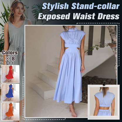 Stylish stand-up collar and exposed waist resort style dress