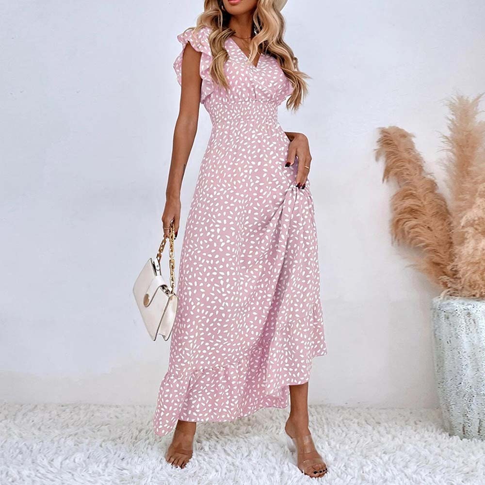 Women's Elegant V-Neck Ruffled Waist Dress