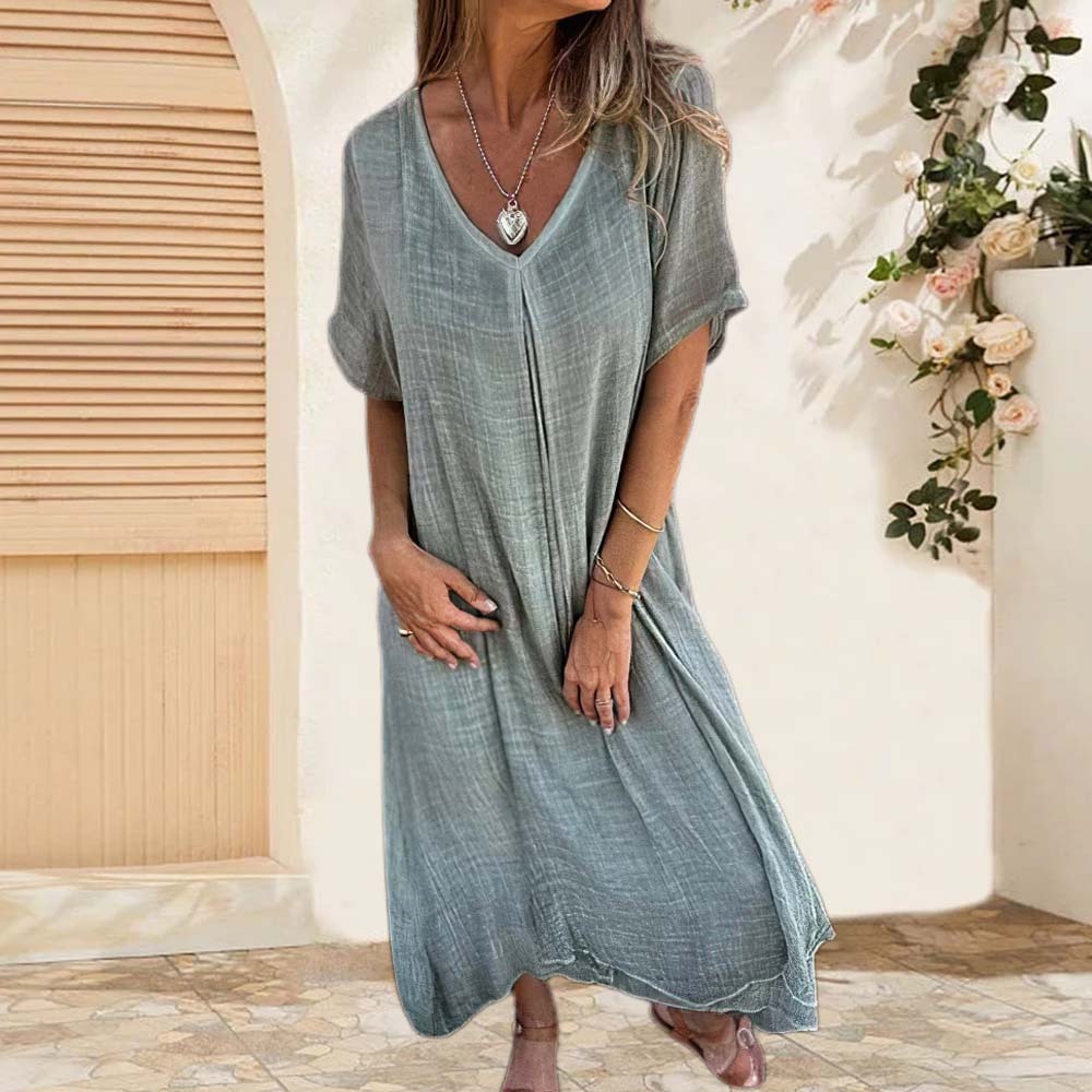 Vestido de playa suelto de algodón y lino de verano para mujer