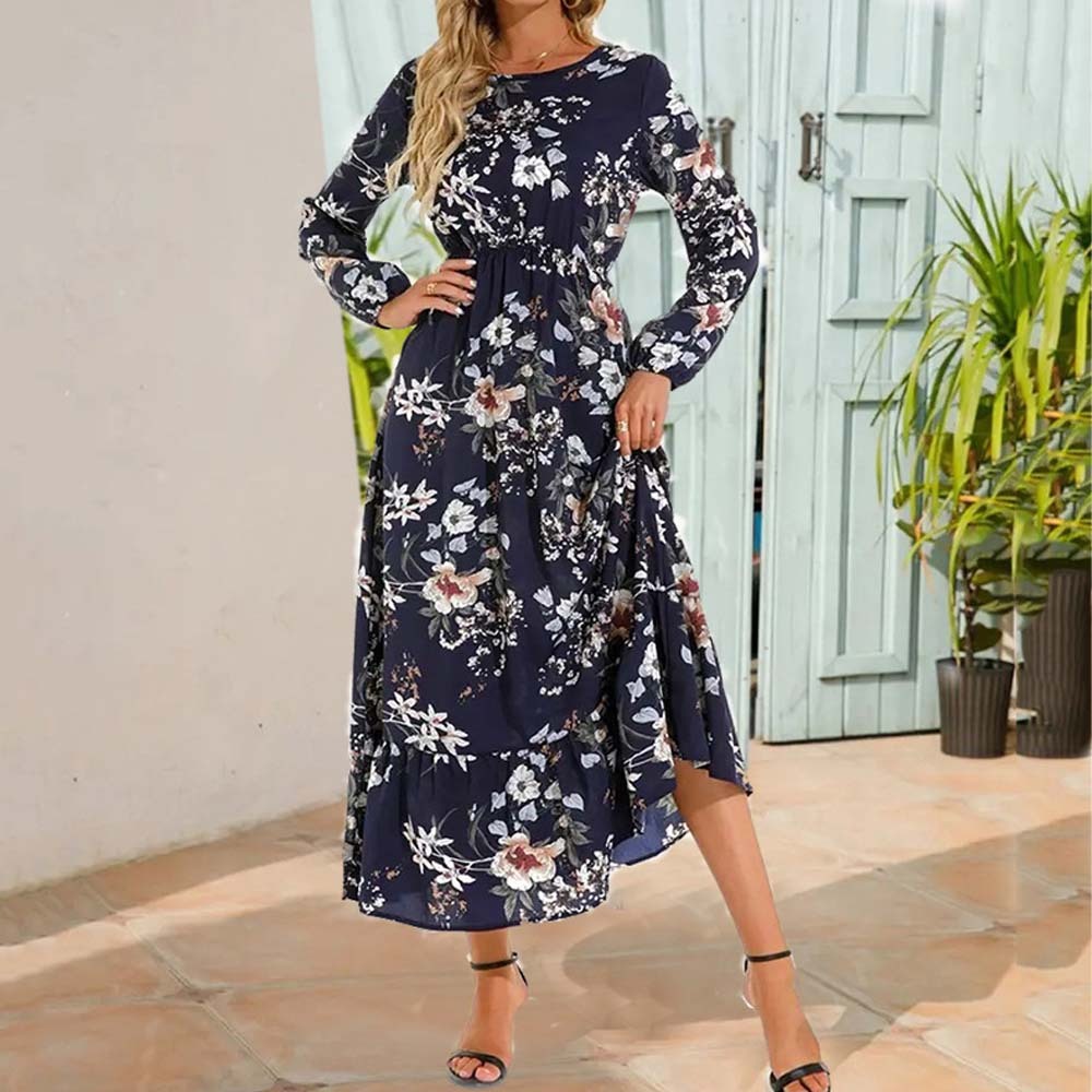 Women's Bohemian Ruffle Print Long Sleeve Dress