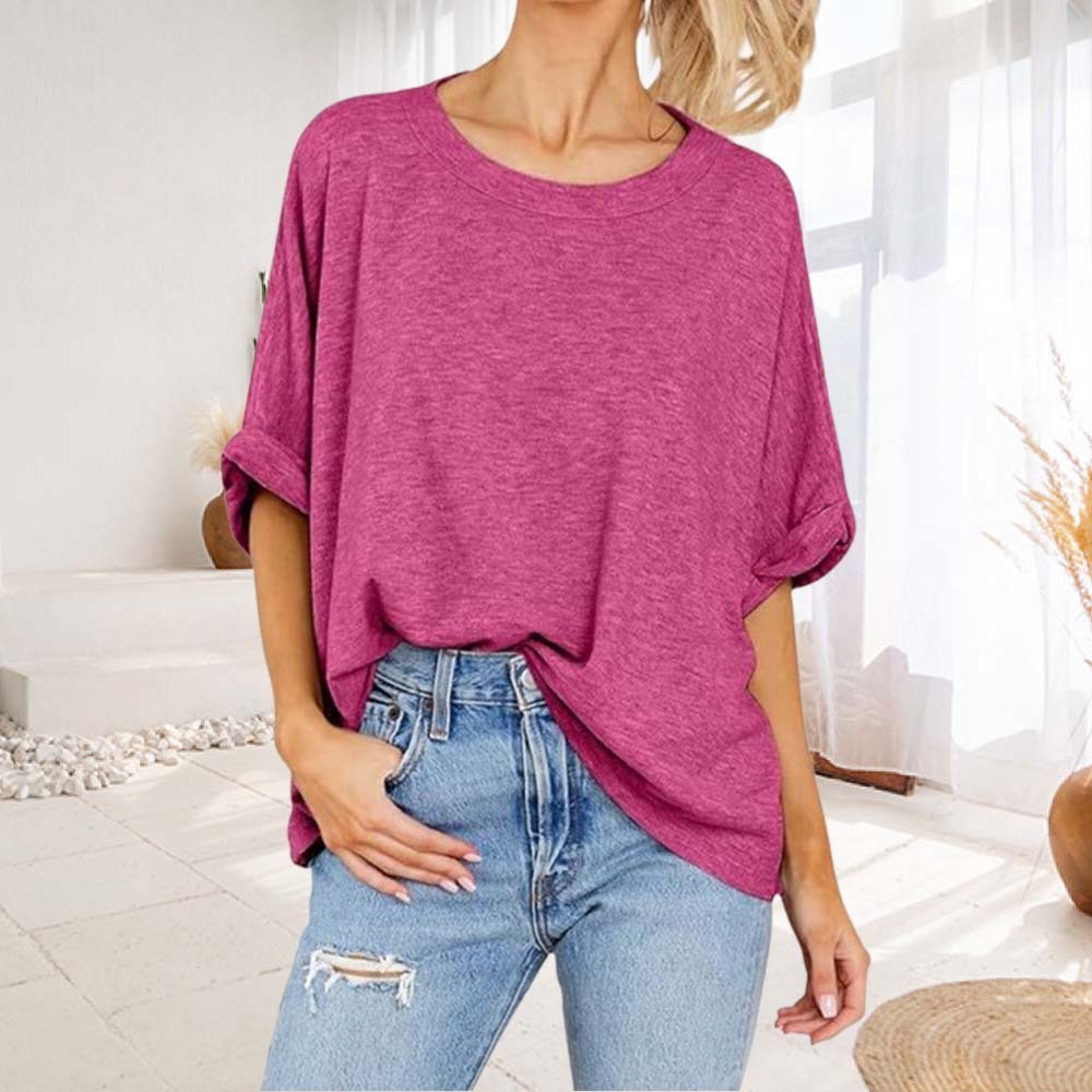  HojanaranjaWomen's versatile solid color loose short-sleeved T-shirt