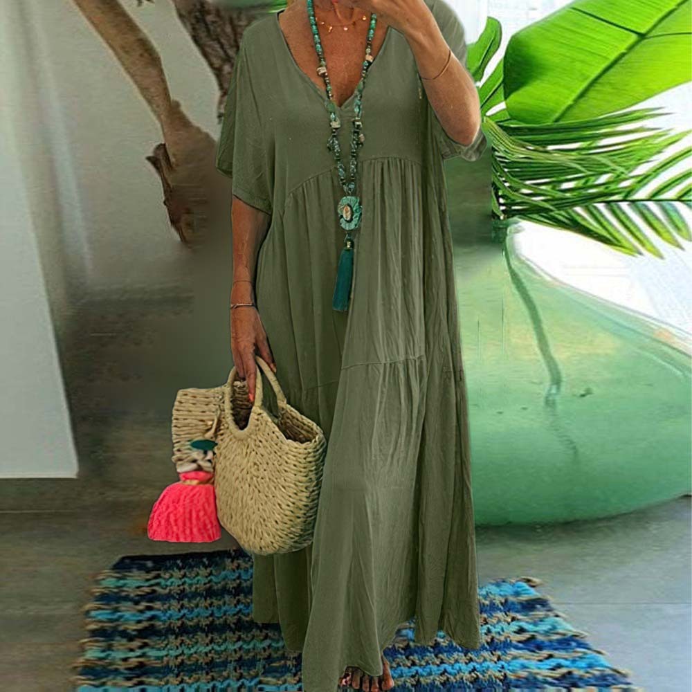 Women's breathable V-neck cotton and linen long skirt casual beach dress