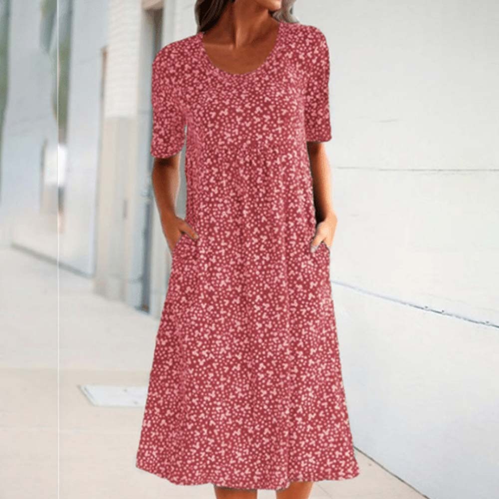 Casual Women Cotton Scoop Neck Floral Dress (8 Colors with Pockets)