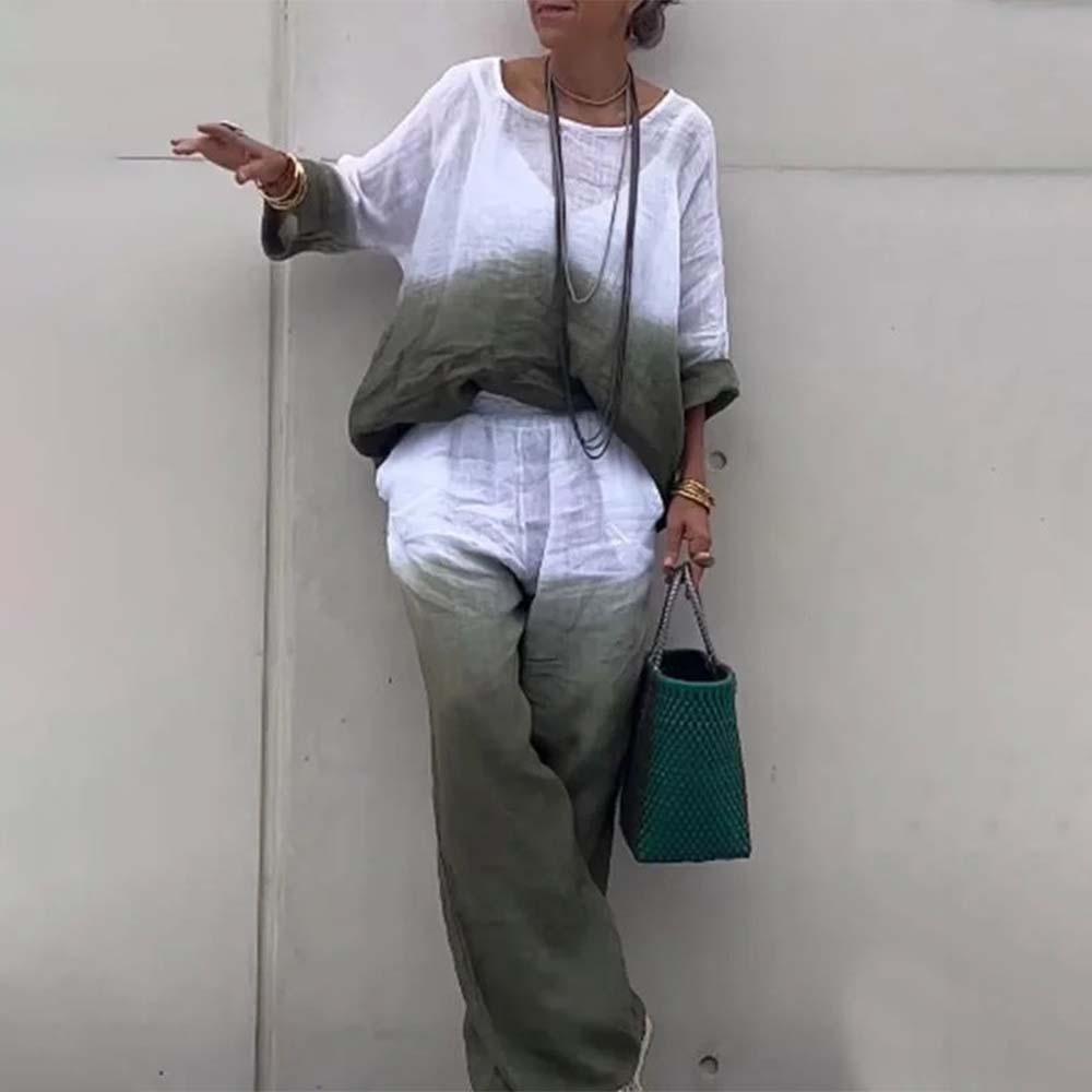 Conjunto de dos piezas degradado de algodón y lino para mujer a la moda
