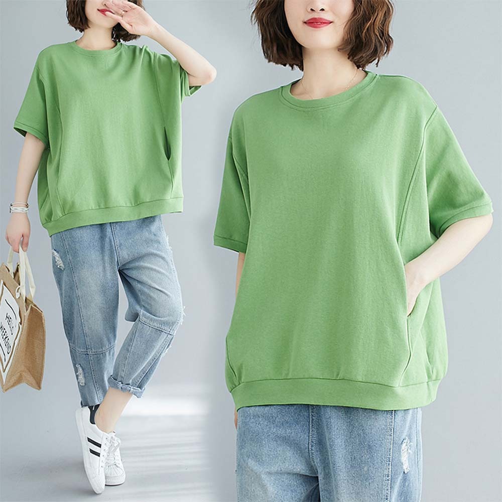Summer women's loose solid color pocket round neck T-shirt