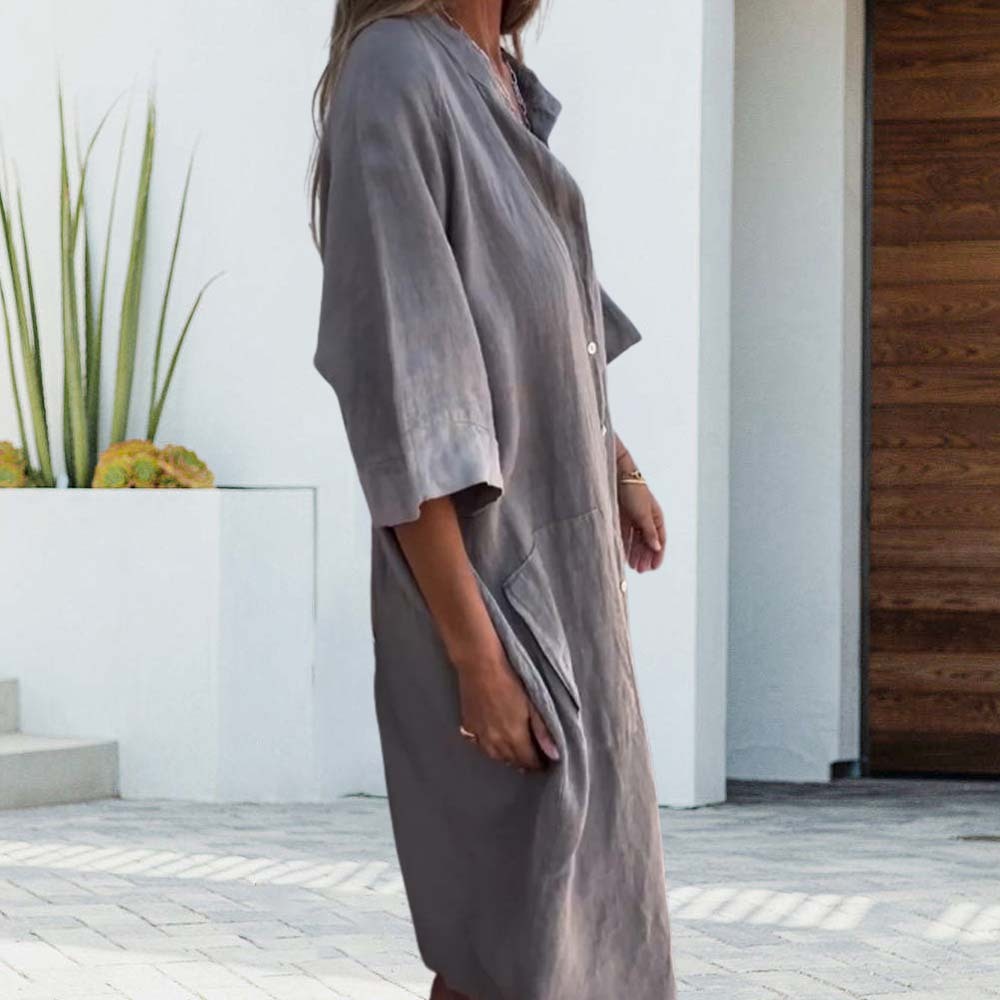 Hojanaranja Vestido camisero elegante y versátil de algodón y lino en color liso