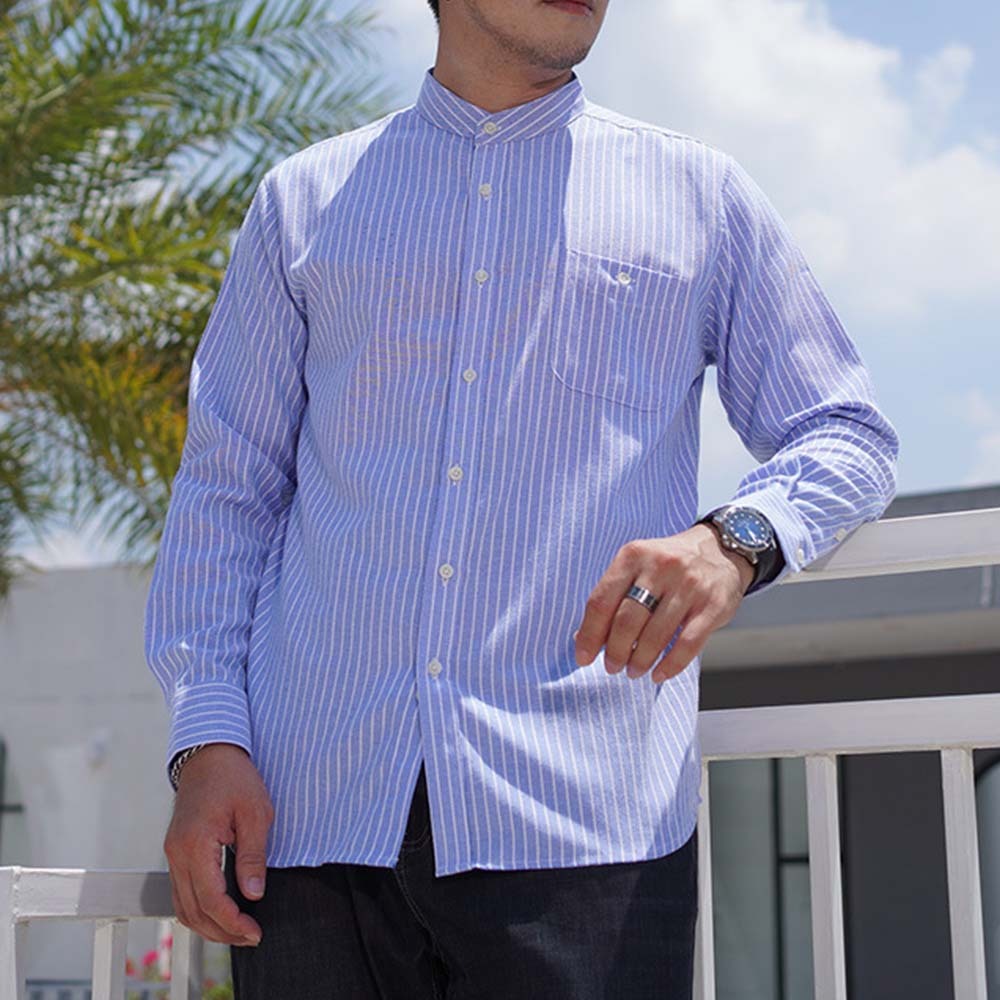 Camisa casual de manga larga a rayas con cuello levantado y talla grande para hombre