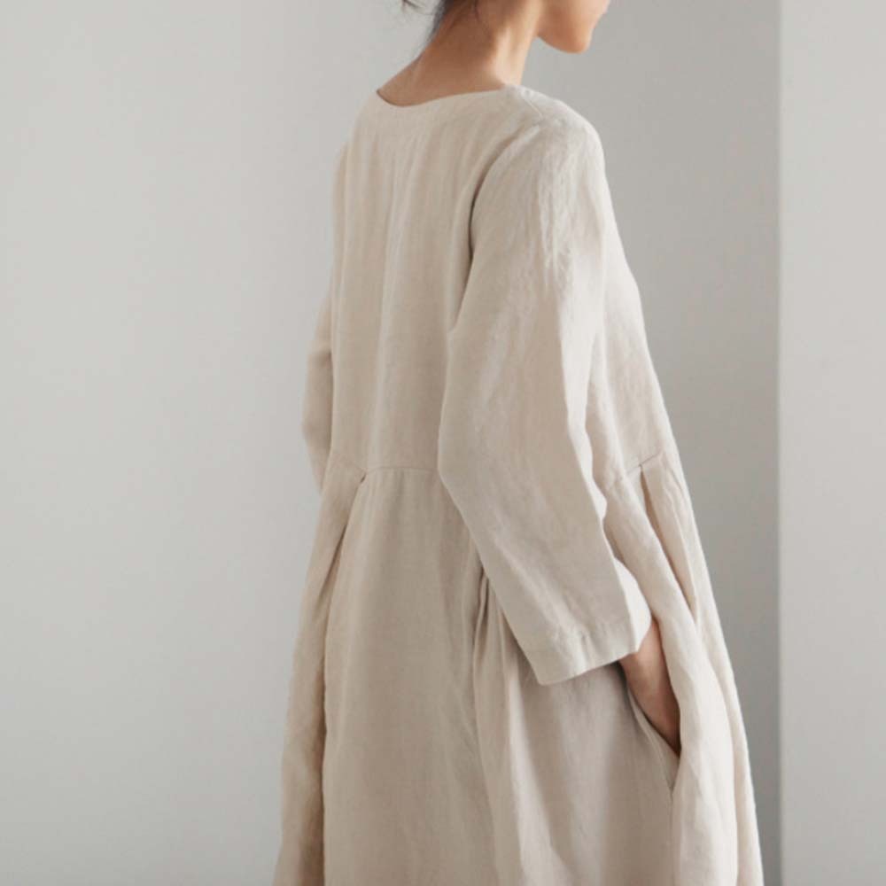 Spring and autumn casual loose round neck cotton and linen dress