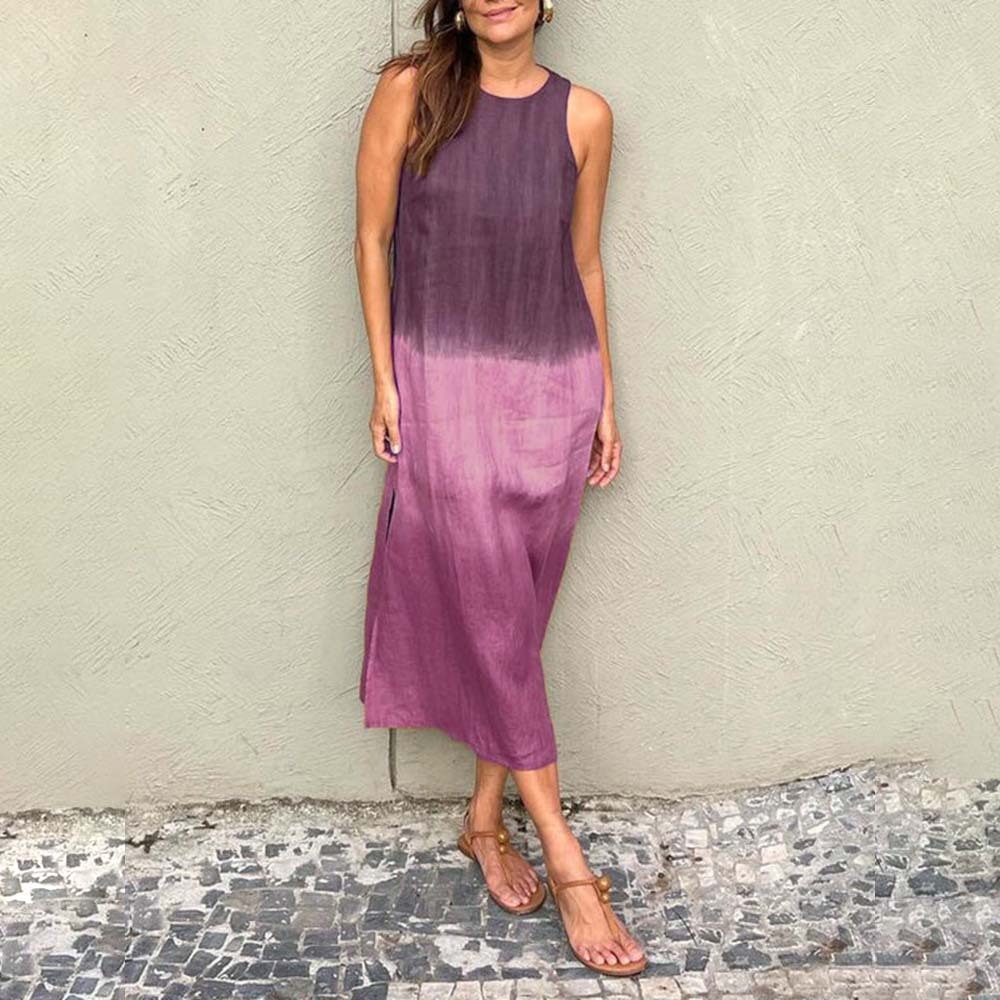 Hojanaranja Vestido degradado de algodón y lino sin mangas con aberturas