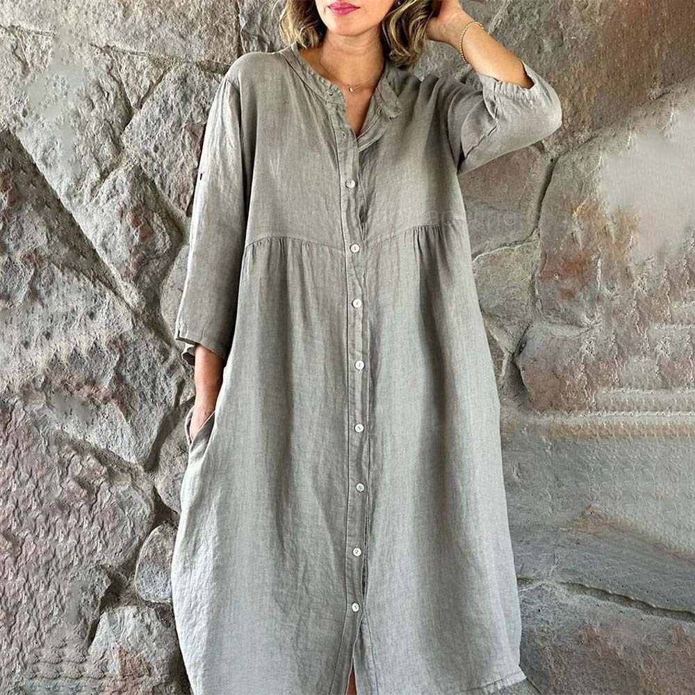 Vestido holgado de verano con cuello alto de algodón y lino