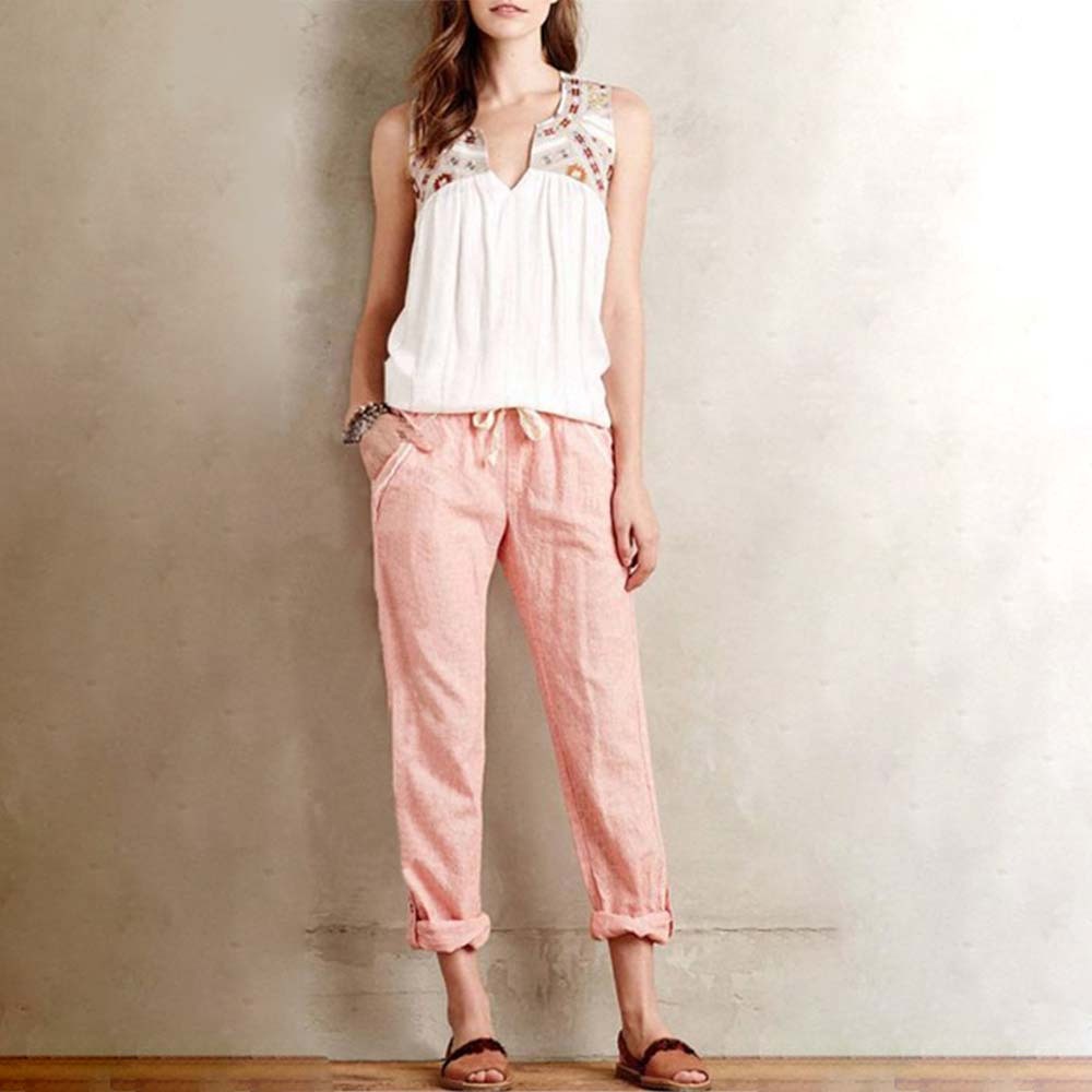 Pantalón de mujer holgado de algodón y lino, ligero y transpirable