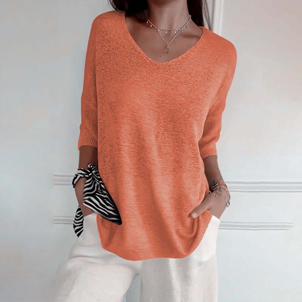 Top de punto de color liso con cuello en V para mujer