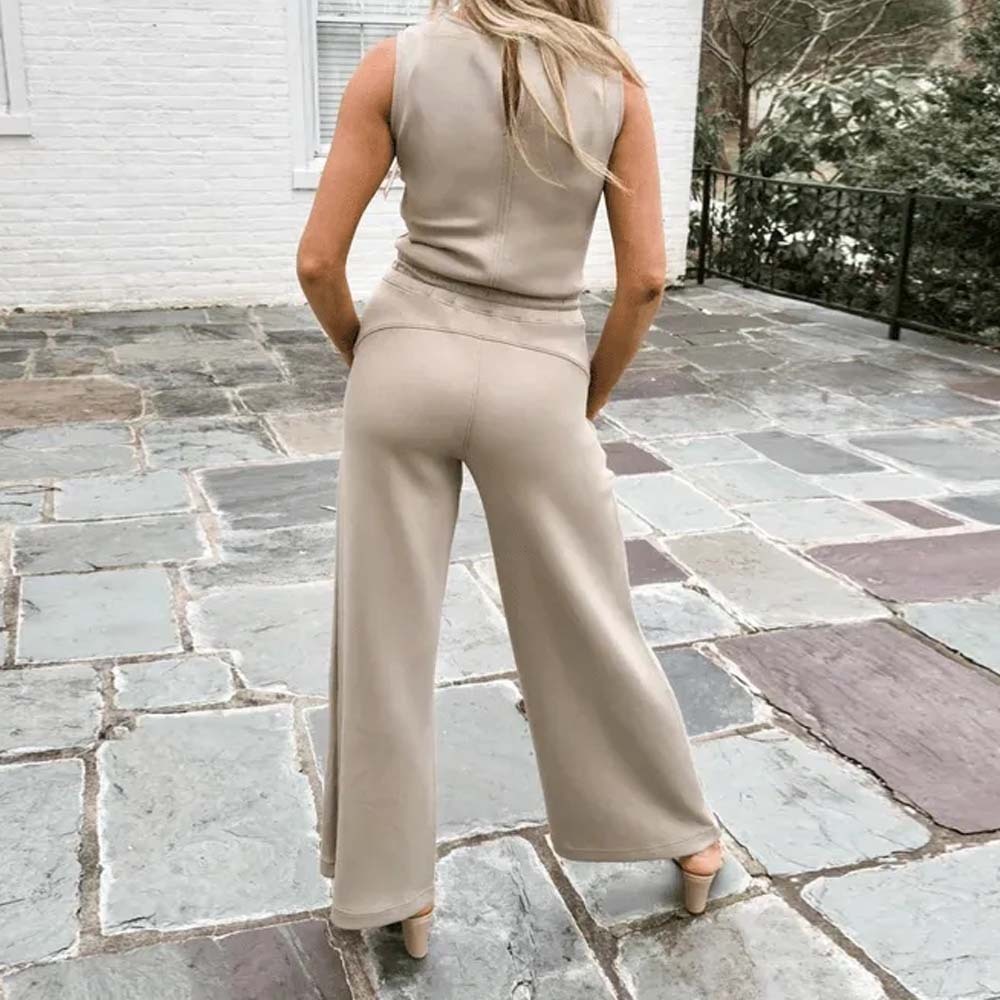 Spring and summer casual lace-up solid color sleeveless jumpsuit