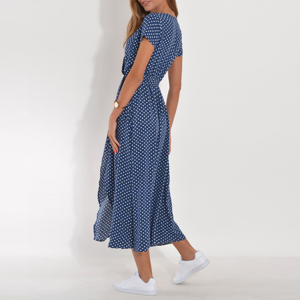 Summer bohemian style tie-front V-neck printed slit dress